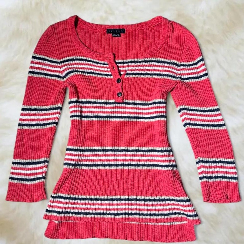 Sanctuary Y2K Red Striped Ribbed Knit Henley Sweater Womens Medium